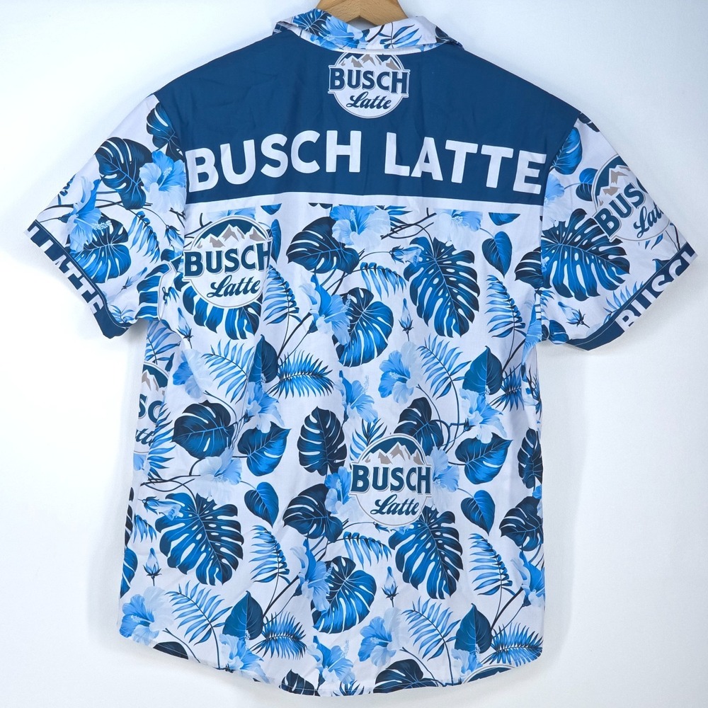 Busch Latte Hawaiian Button Shirt Large All Over Print‎ Tropical Beer Party Camp